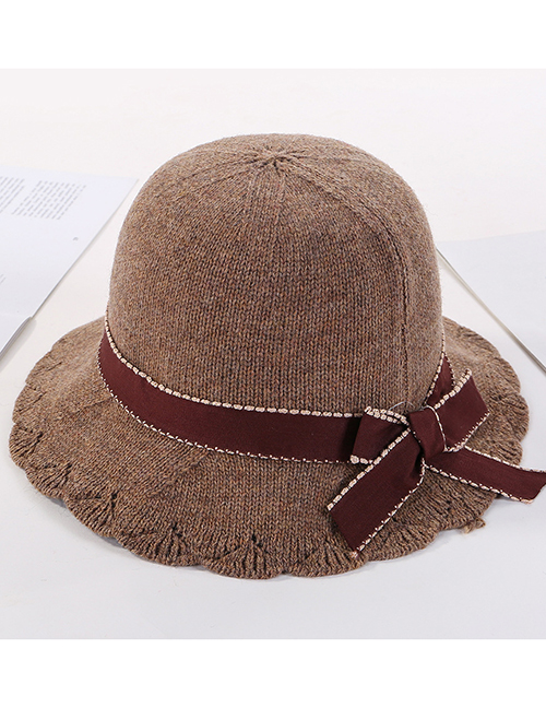 Fashion Khaki Bow Lace Openwork Knit Fisherman Hat