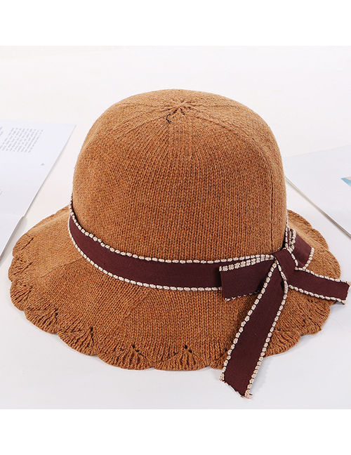 Fashion Caramel Bow Lace Openwork Knit Fisherman Hat