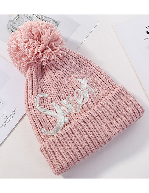 Fashion Pink Plus Velvet Letter Hair Ball Curling Wool Cap