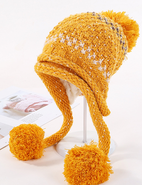 Fashion Yellow Double-layer Plus Velvet Color Matching Three Hair Ball Wool Cap