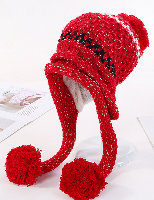 Fashion Red Double-layer Plus Velvet Color Matching Three Hair Ball Wool Cap