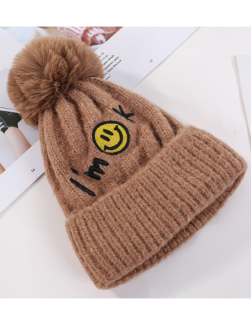 Fashion Khaki Embroidered Smiley Face And Cashmere Hat