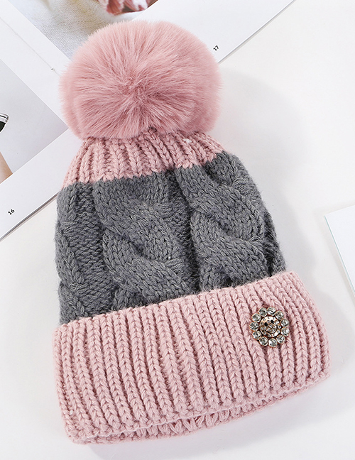 Fashion Pink Color Matching Hair Ball Knitting Sun Flower Diamond And Plush Wool Cap
