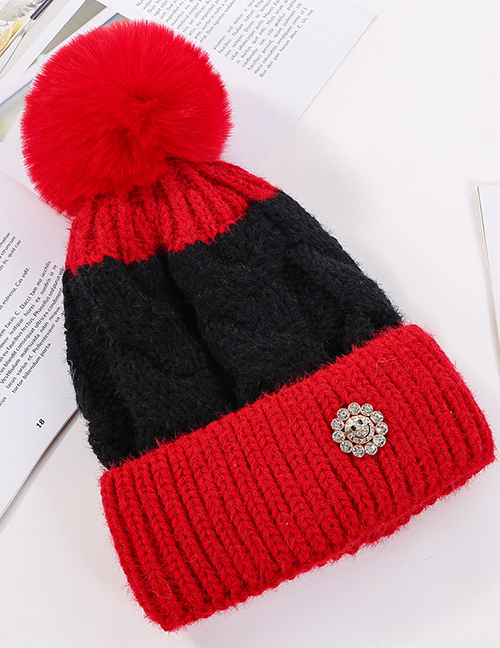 Fashion Red Color Matching Hair Ball Knitting Sun Flower Diamond And Plush Wool Cap