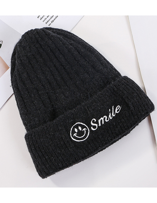 Fashion Black Embroidered Smiley Plus Velvet Knitted Wool Cap