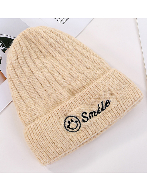 Fashion Beige Embroidered Smiley Plus Velvet Knitted Wool Cap