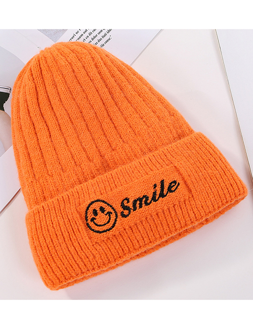 Fashion Orange Embroidered Smiley Plus Velvet Knitted Wool Cap