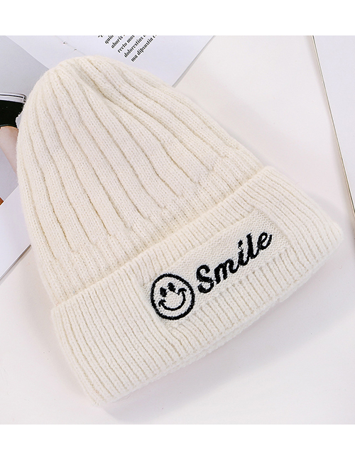 Fashion White Embroidered Smiley Plus Velvet Knitted Wool Cap