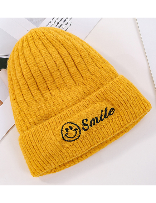 Fashion Yellow Embroidered Smiley Plus Velvet Knitted Wool Cap