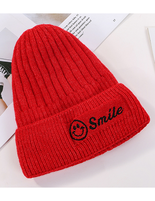 Fashion Red Embroidered Smiley Plus Velvet Knitted Wool Cap
