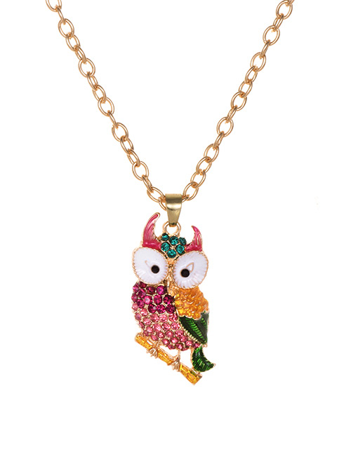 Fashion Pink Alloy Diamond Owl Necklace