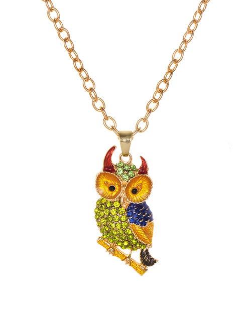 Fashion Lake Green Alloy Diamond Owl Necklace