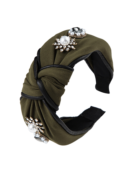 Fashion Army Green Cloth And Diamond Pearl Wide-brimmed Knotted Headband