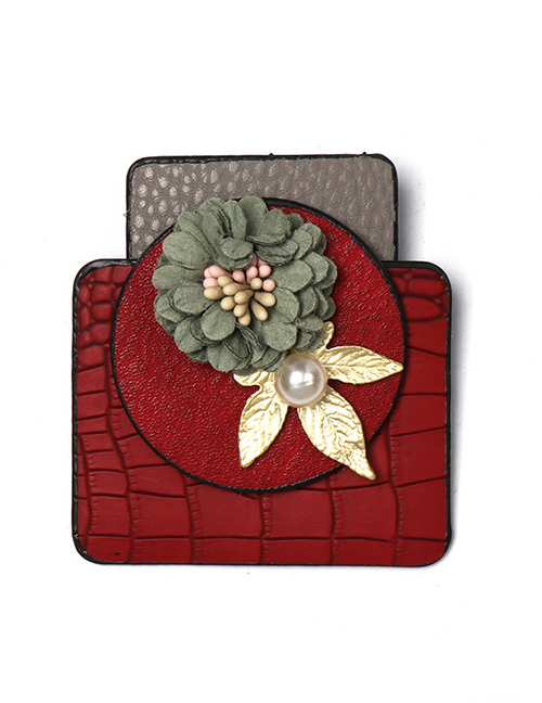 Fashion Red Flower Geometric Form Leather Brooch