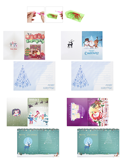 Fashion Color Diamond Painted Christmas Card (four Cards + Four Envelopes + Four Diamond Bags + One Point Drill Pen + One Diamond Tray + One Piece Of Clay)