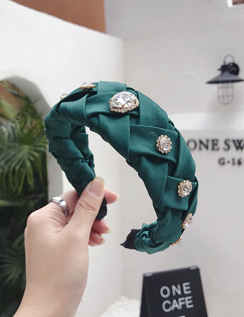 Fashion Green Cross-knit Pleated Wide-edge Alloy Rhinestone Headband