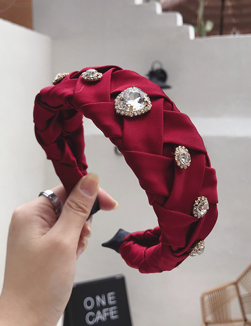 Fashion Wine Red Cross-knit Pleated Wide-edge Alloy Rhinestone Headband