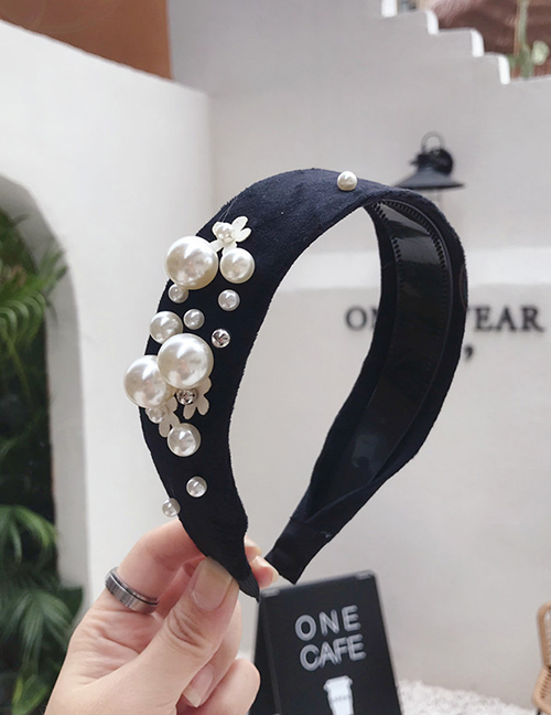 Fashion Black Suede Beaded Flower Wide Side With Toothed Non-slip Headband