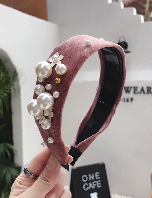 Fashion Pink Suede Beaded Flower Wide Side With Toothed Non-slip Headband