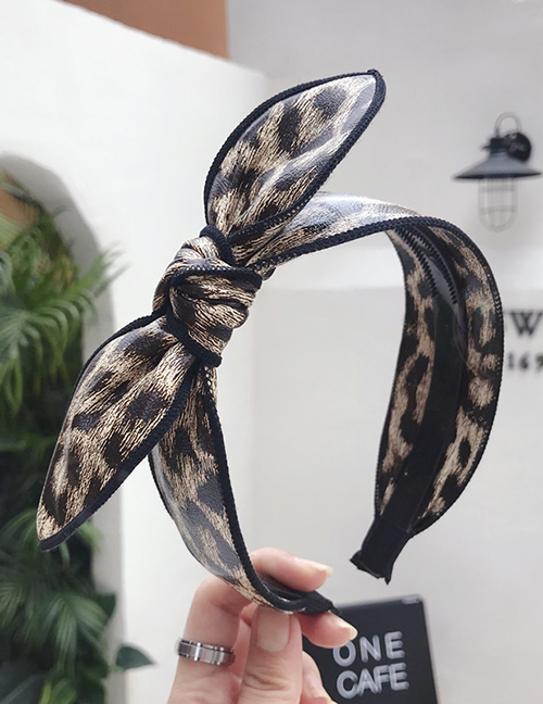 Fashion Leopard Rice Pu Imitation Leather Bow Rabbit Ears Wide Side Belt Headband