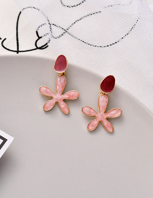 Fashion Pink Flower Sanding Gold Powder Drop Glaze Earrings