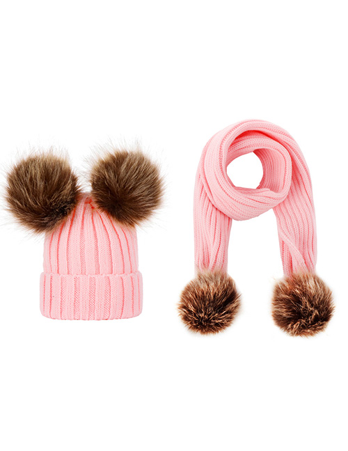 Fashion Pink Suit Double Ball Wool Hat + Knitted Imitation Tweezers