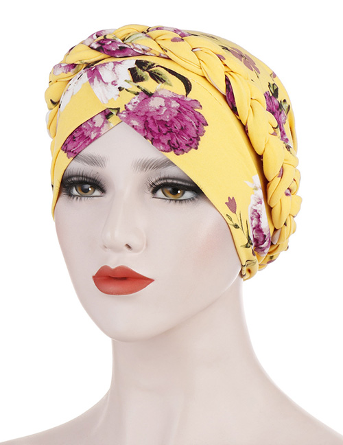 Fashion Yellow Printed Brushed Milk Silk Muslim Headscarf Cap