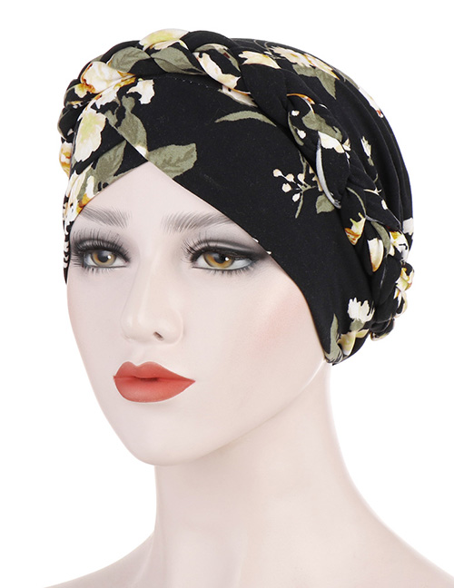 Fashion Black Printed Brushed Milk Silk Muslim Headscarf Cap