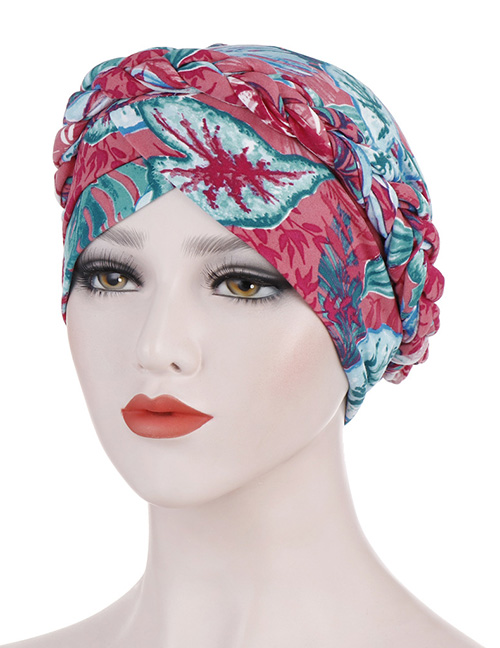 Fashion Red And Green Printed Brushed Milk Silk Muslim Headscarf Cap