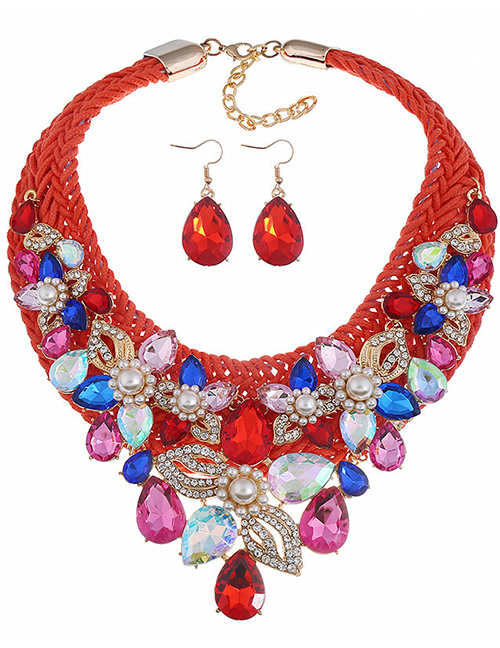 Fashion Red Pearl-studded Woven Flower Necklace Earrings Set