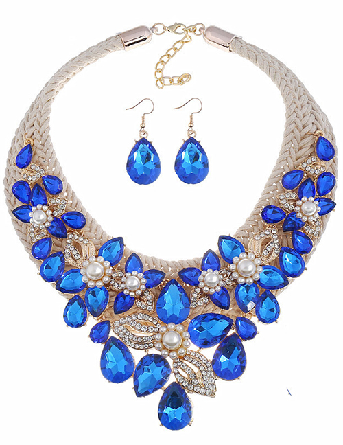 Fashion Blue Pearl-studded Woven Flower Necklace Earrings Set