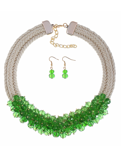 Fashion Green Woven Twist Crystal Flower Necklace Earrings Set