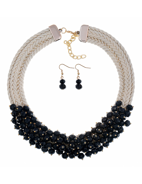 Fashion Black Woven Twist Crystal Flower Necklace Earrings Set