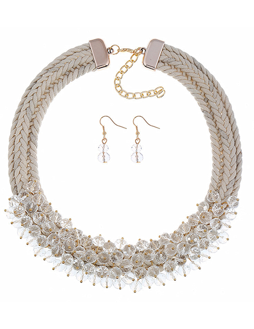 Fashion White Woven Twist Crystal Flower Necklace Earrings Set
