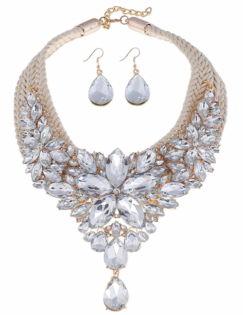 Fashion White Woven Twist-studded Diamond-studded Earrings Set