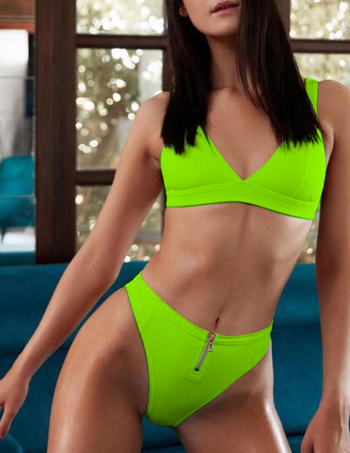 Fashion Fluorescent Green Hollow Zipper Split Swimsuit