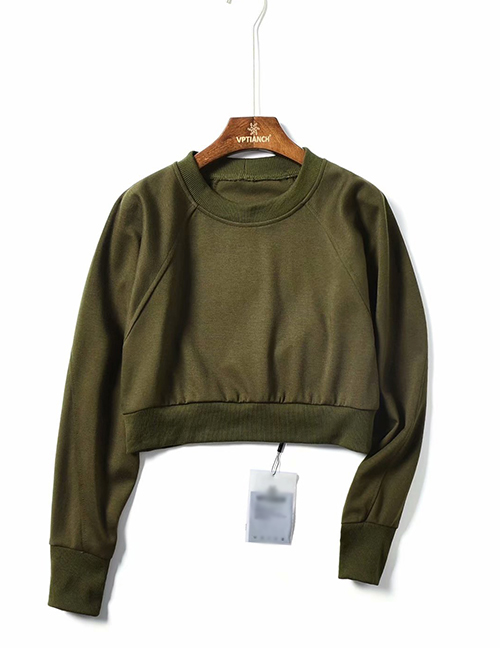 Fashion Army Green Round Neck Raglan Sleeves High Waist Pullover Sweater