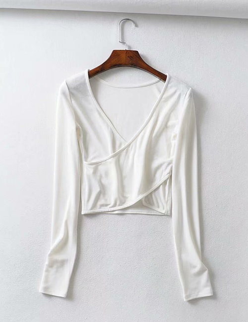 Fashion White Cross Piece V-neck Pullover T-shirt