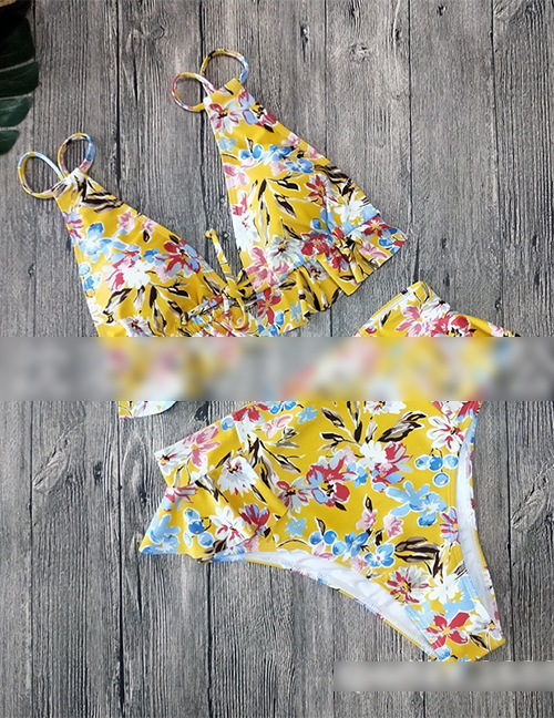 Fashion Yellow Bottom Printing Sling Ruffled Deep V Print Split Swimsuit