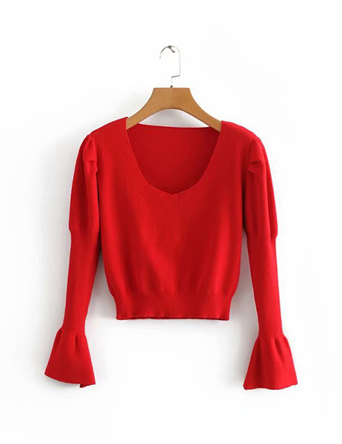 Fashion Red V-neck Puff Princess Sleeve Knit Top