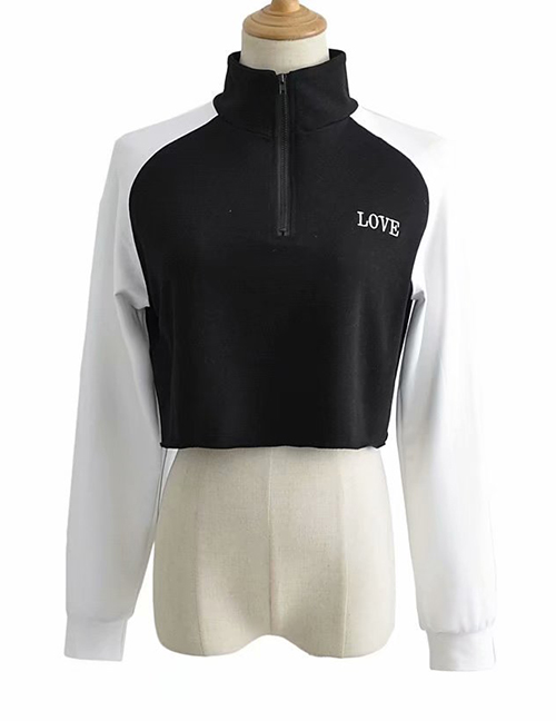 Fashion Black + White Splicing Zipper Pullover Sweater