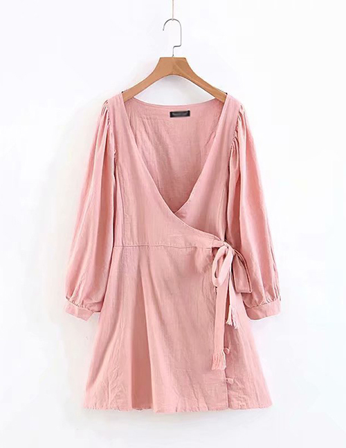 Fashion Pink Cotton And Linen V-neck Lace Dress