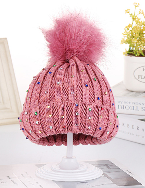 Fashion Leather Powder Colorful Diamond Wool Knit Baby Hat