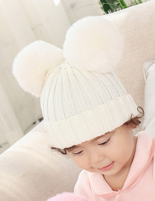 Fashion White Threaded Double-hair Ball Knitted Baby Hat