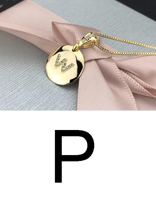 Fashion P Gold Glossy Diamond-plated Copper Plated Zircon English Alphabet Curved Necklace