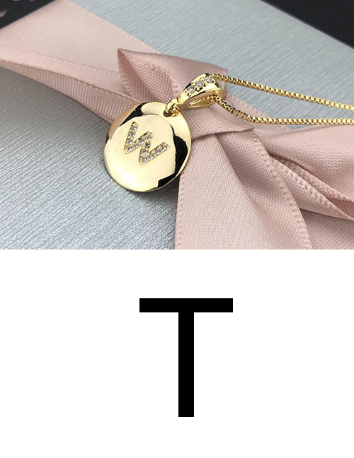 Fashion T Golden Glossy Diamond-plated Copper Plated Zircon English Alphabet Curved Necklace