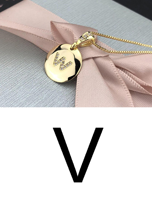 Fashion V Gold Glossy Diamond-plated Copper Plated Zircon English Alphabet Curved Necklace