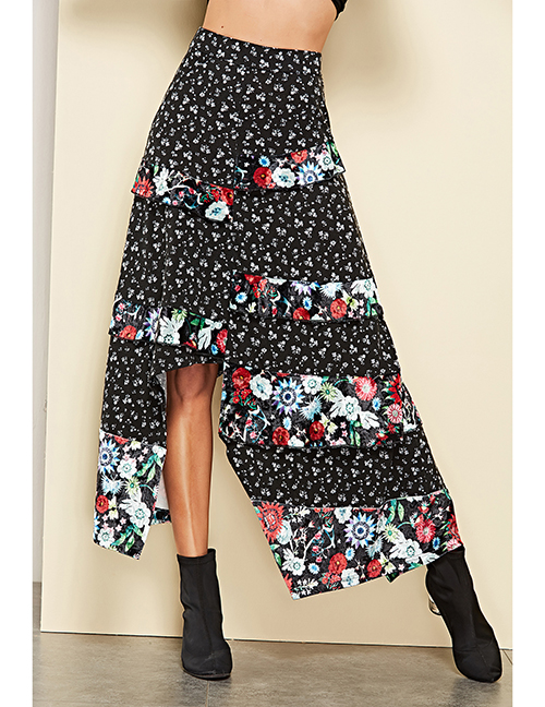 Fashion Black Ruffled Printed Split Skirt