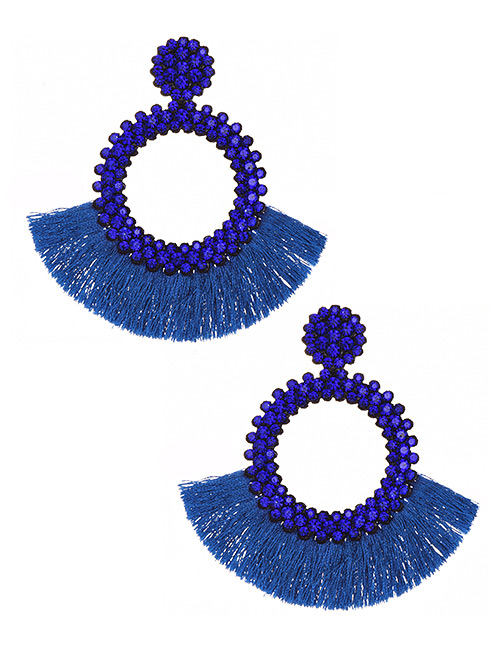 Fashion Royal Blue Felt Cloth With Diamond Round Tassel Earrings
