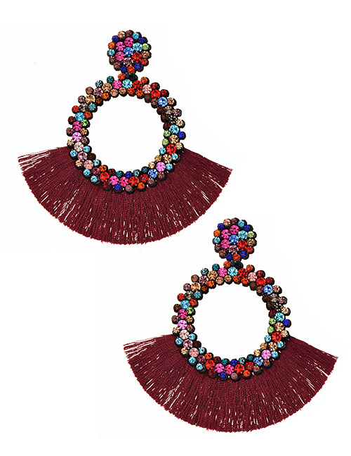 Fashion Red Wine Felt Cloth With Diamond Round Tassel Earrings